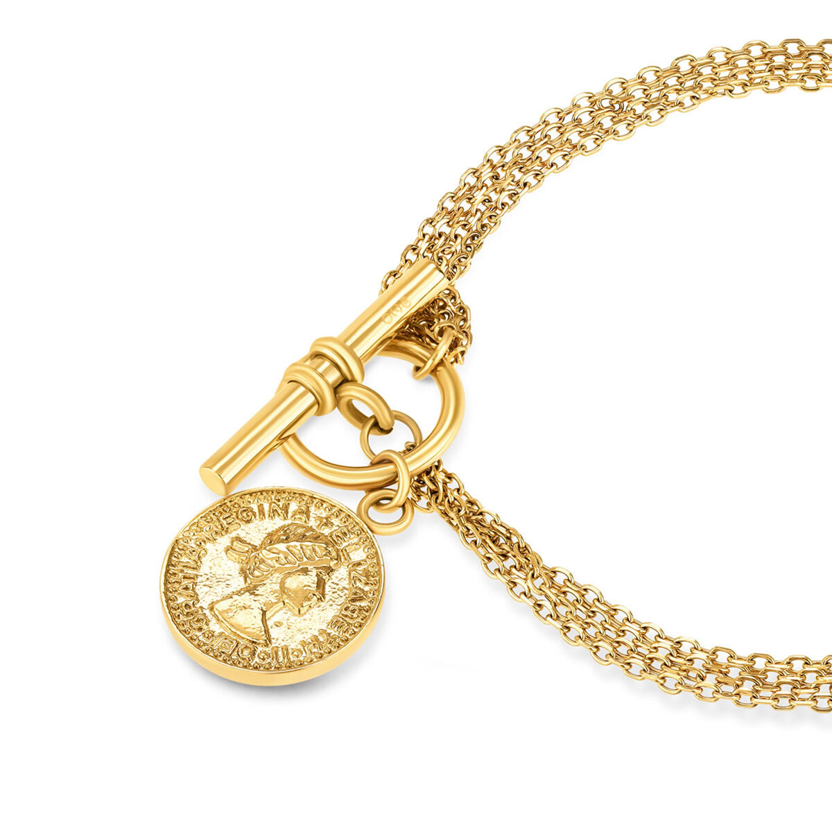 Detail van de gouden One Jewels armband met een elegante sluiting en muntaccent.