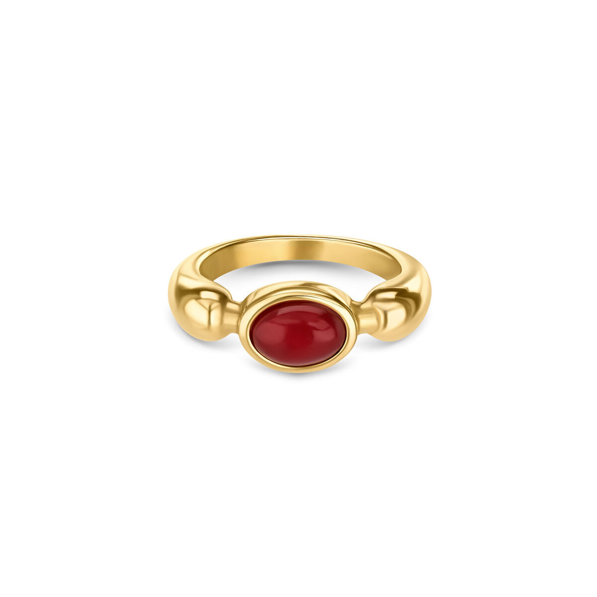 Gouden One Jewels ring met een rode, ovale steen en een elegant ontwerp.