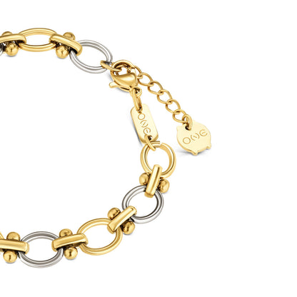 Detail van de One Jewels armband met gouden en zilveren schakels en een sluiting.