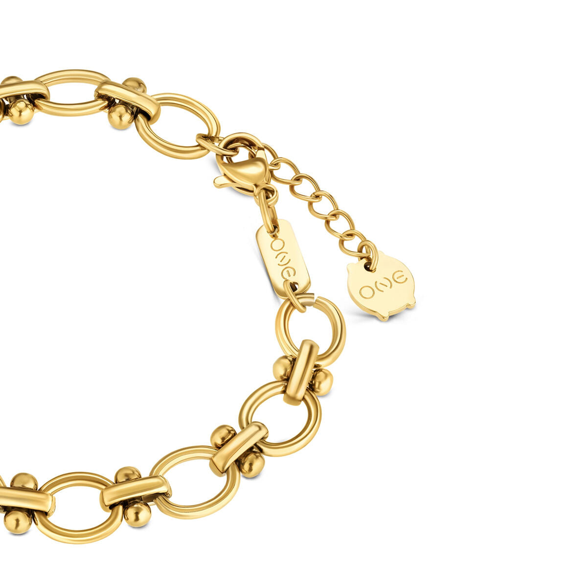 Detail van de gouden One Jewels armband met schakels en sluiting.