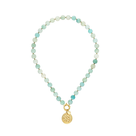 Blauwe One Jewels ketting met elegante kralen en gouden hanger.