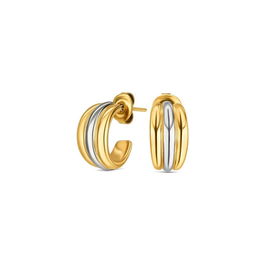 Gouden One Jewels oorbellen met elegant design en dubbele band, zijaanzicht.