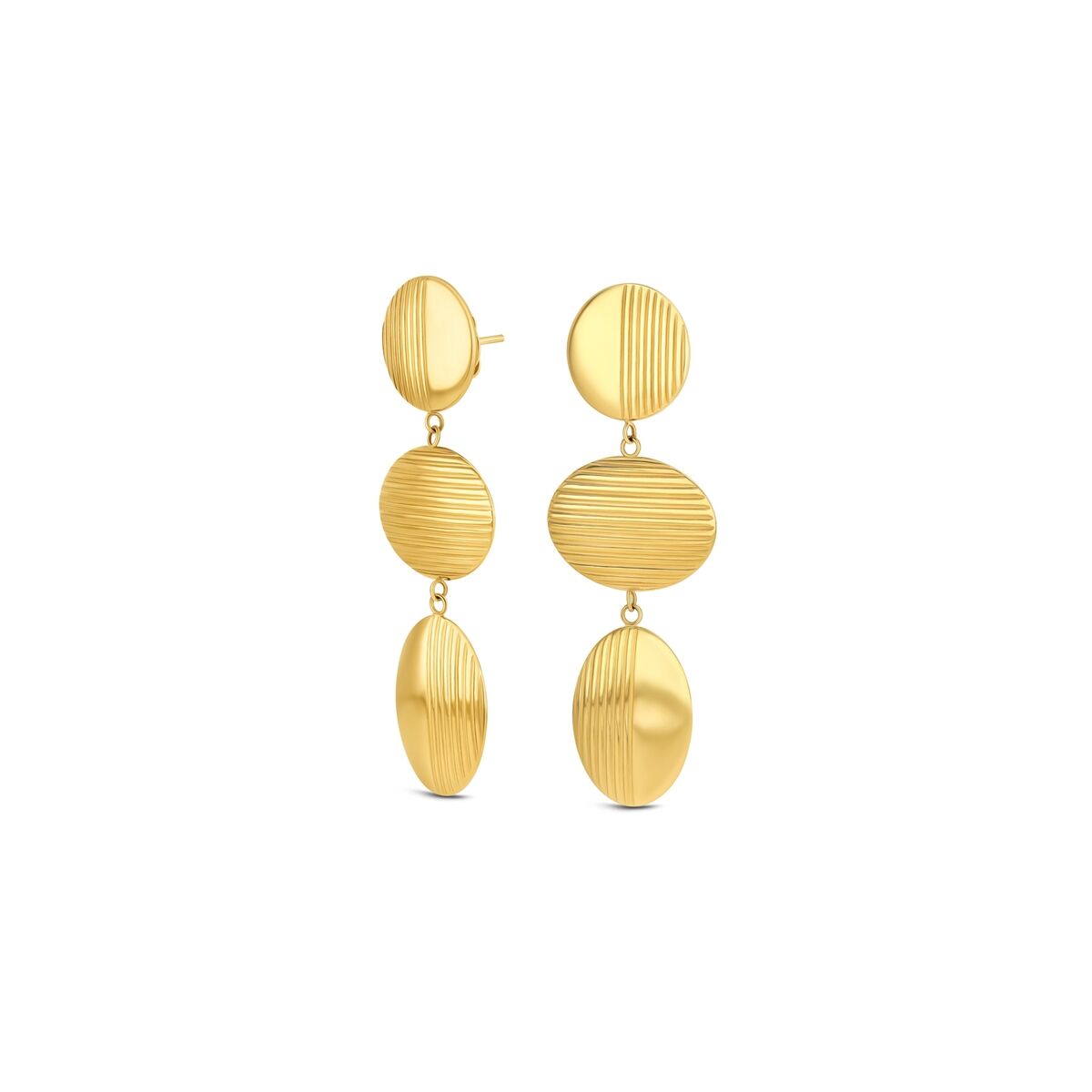 Gouden One Jewels oorbellen met elegant ontwerp en gestructureerde schijven.