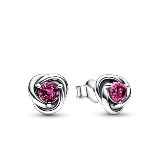 Roze zilverkleurige Pandora oorbellen met elegante ronde stenen, vooraanzicht.