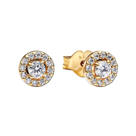Gouden Pandora oorbellen met sprankelende zirkonia, elegant en tijdloos ontwerp.