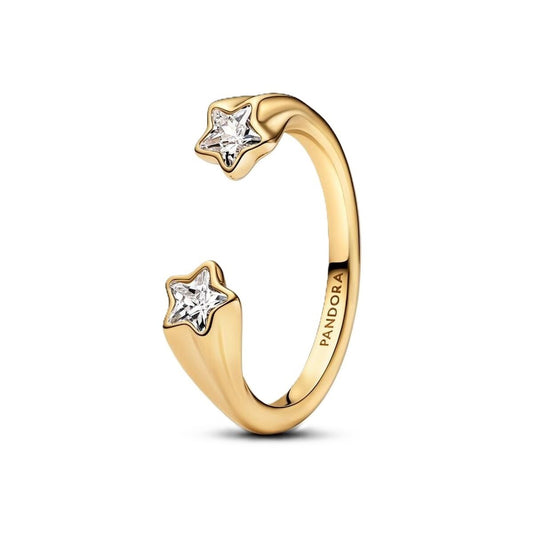 Gouden Pandora ring met sterrenontwerp en sprankelende details.