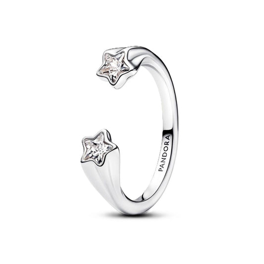 Zilverkleurige Pandora ring met elegante stervormige details en een open ontwerp.