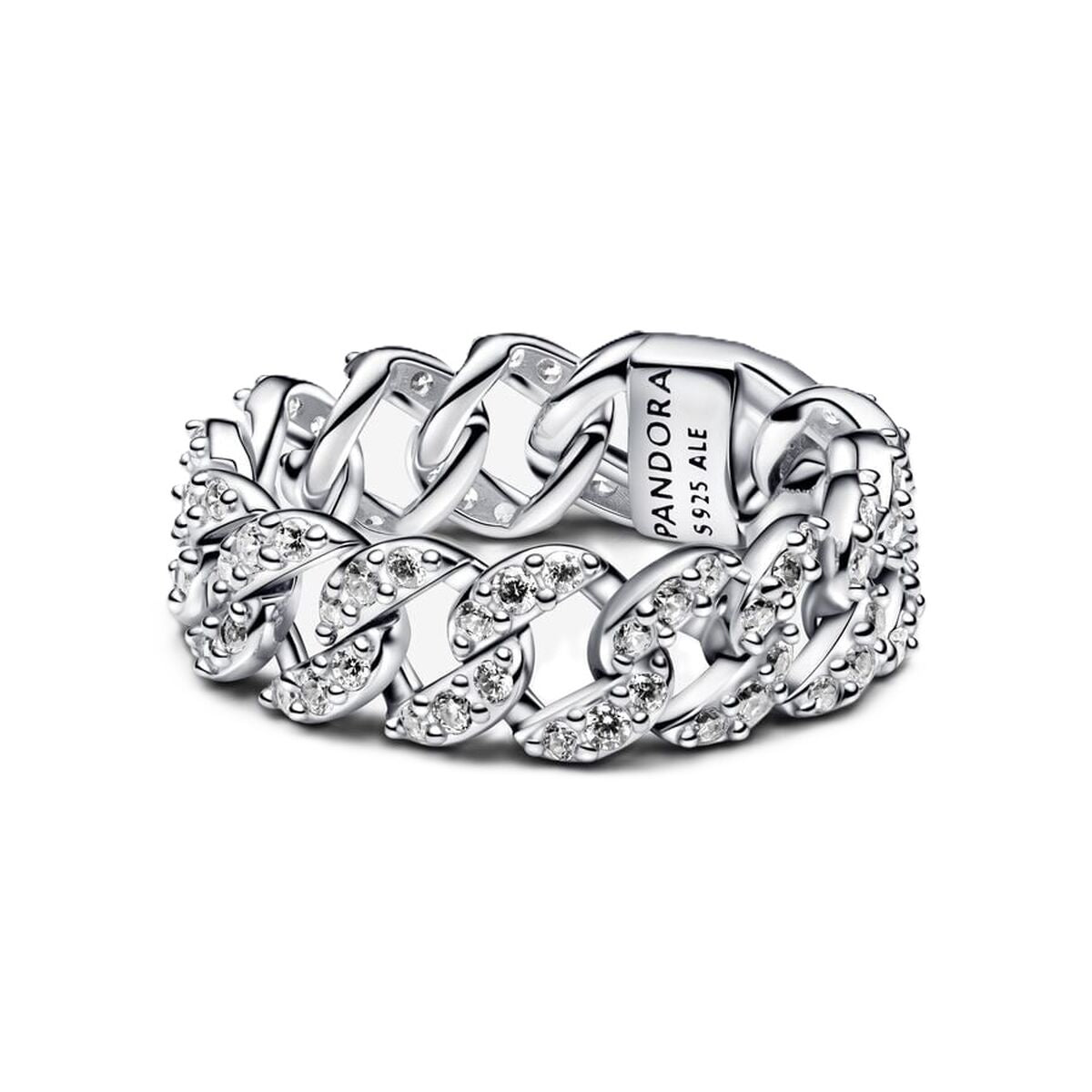 Zilverkleurige Pandora ring met elegant ontwerp en sprankelende details.