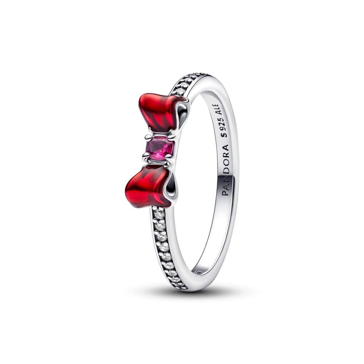 Pandora ring voor dames met een elegante strik en rode details.