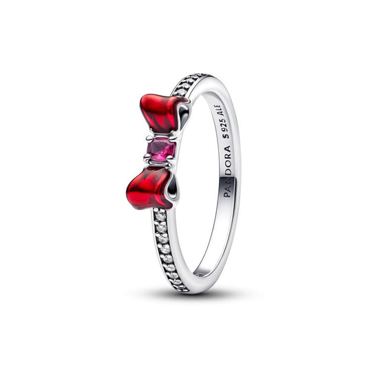 Pandora ring voor dames met een elegante strik en rode details.
