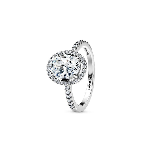 Zilverkleurige Pandora ring met elegante ronde steen, maat 12.