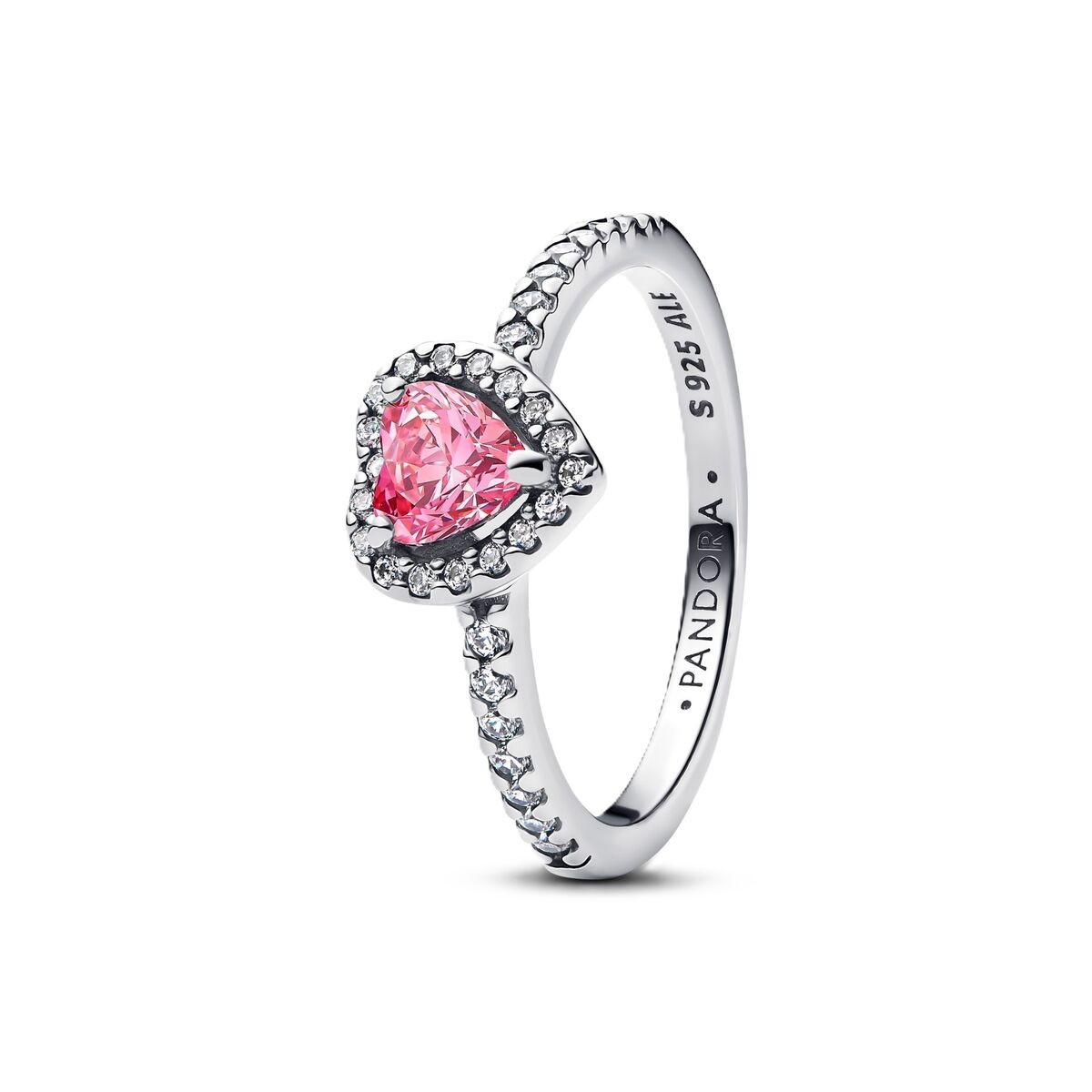 Zilverkleurige Pandora ring met hartvormige roze steen, maat 16.