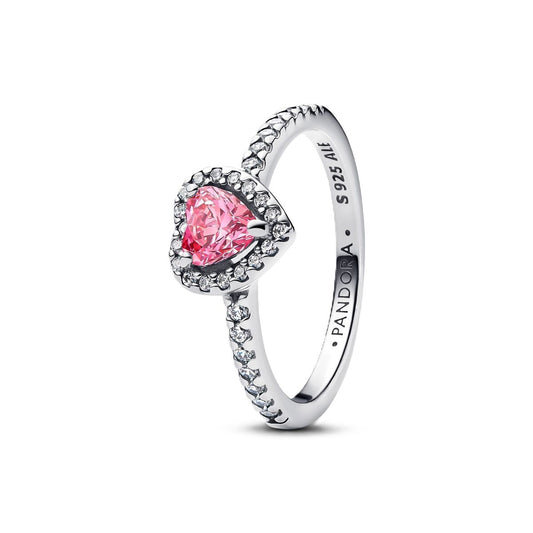 Zilverkleurige Pandora ring met hartvormige roze steen, maat 16.
