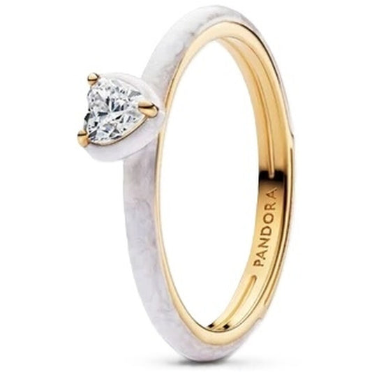 Elegante Pandora ring met hartvormige steen en gouden details.