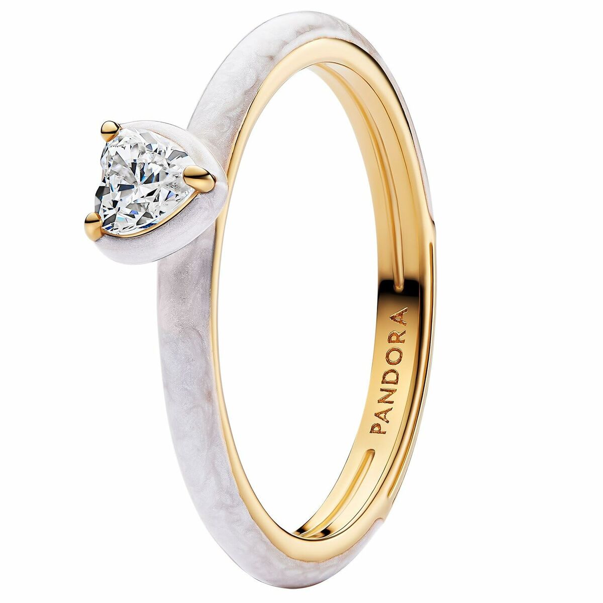 Witte Pandora damesring met een elegante, hartvormige diamant, tijdloos ontwerp.