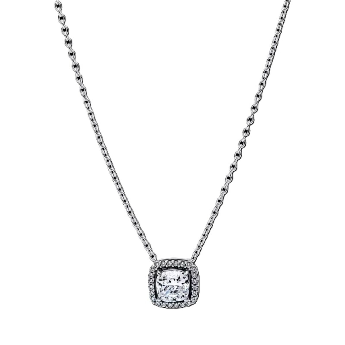 Zilverkleurige Pandora ketting voor dames met elegante hanger en sprankelende details.