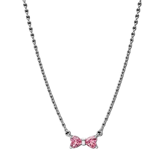 Zilverkleurige Pandora ketting met een elegante strik en roze stenen.