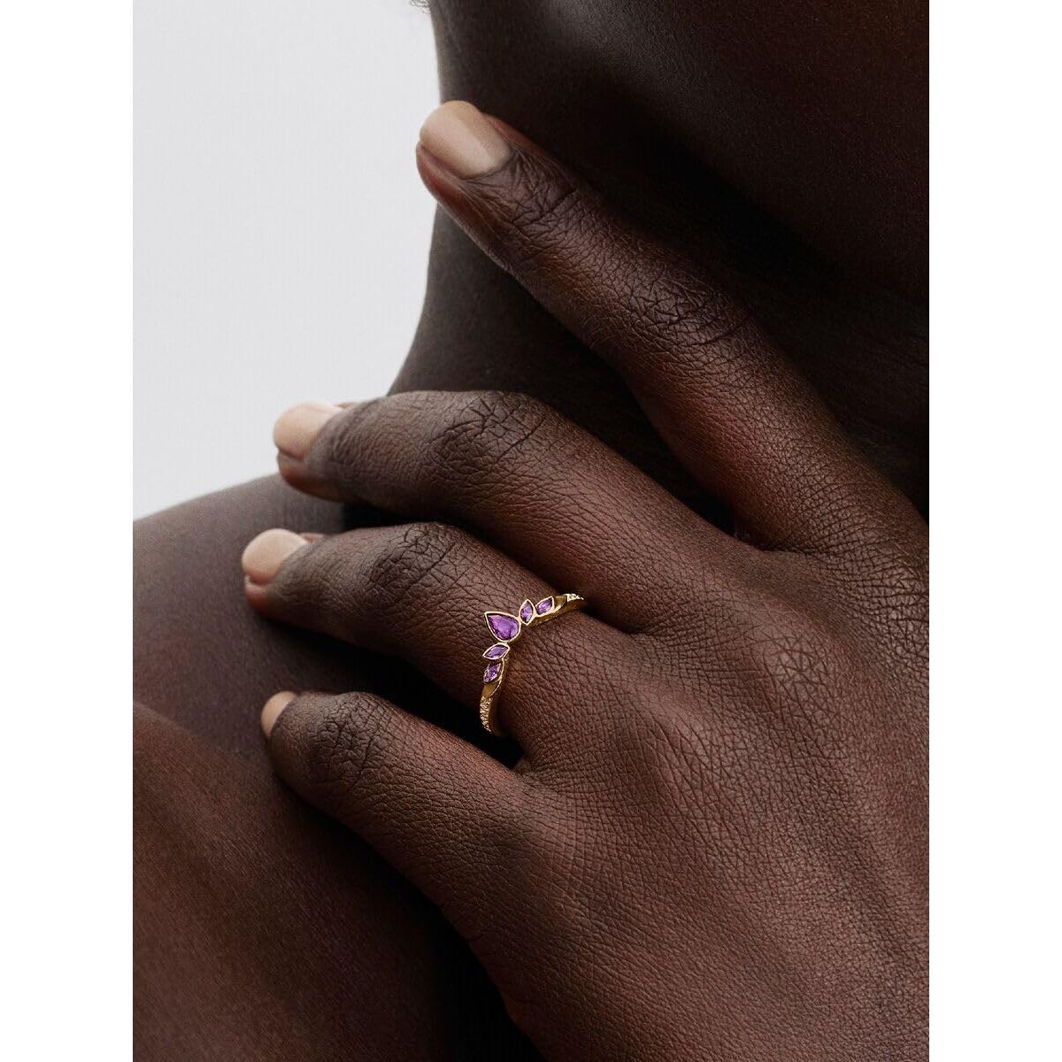Detail van de Pandora ring met paarse stenen, gedragen op een hand met een donkere huid.