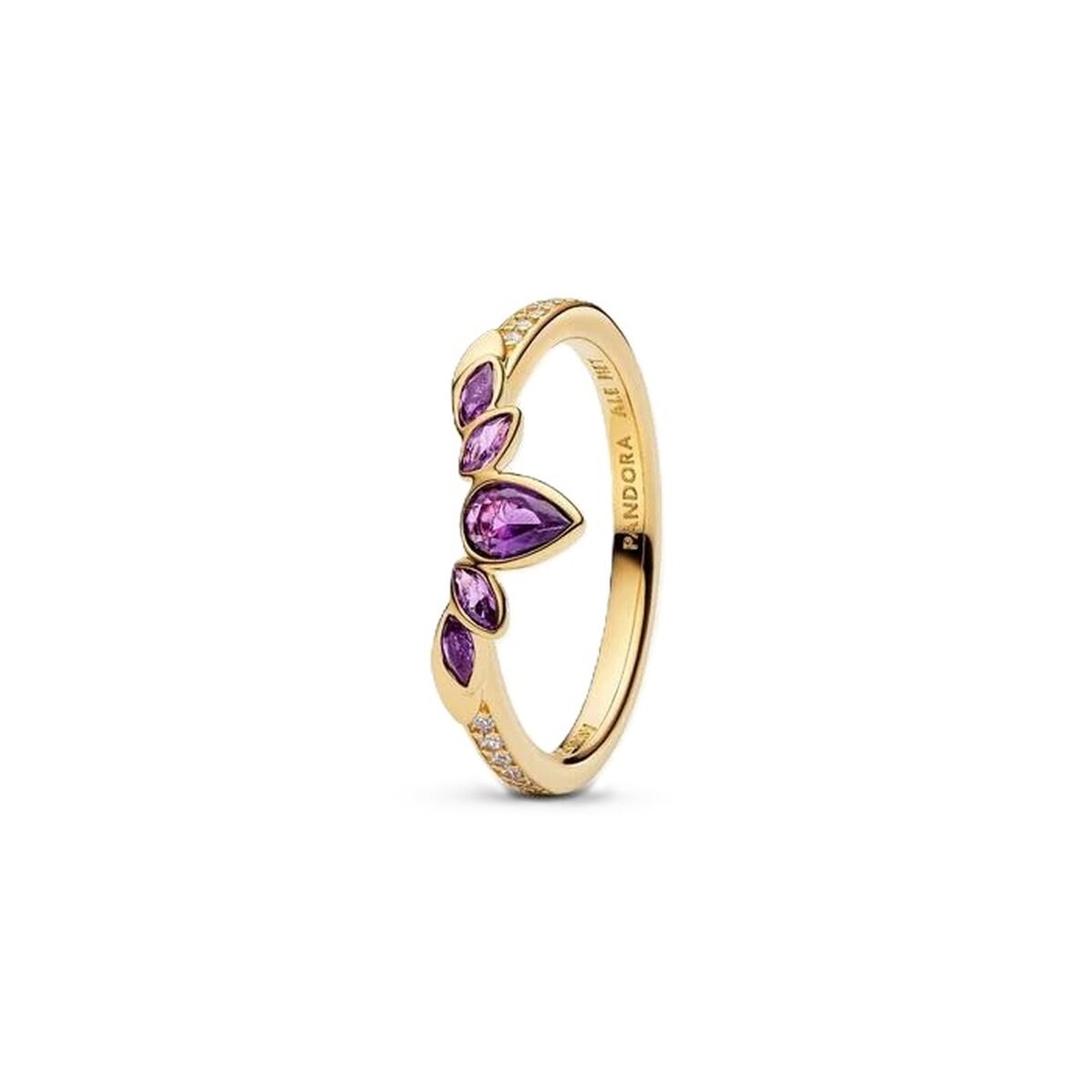 Gouden Pandora ring met paarse stenen en elegante details, zijaanzicht.