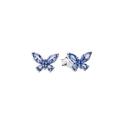 Sterling zilveren Pandora oorbellen met elegante blauwe vlinderontwerpen.