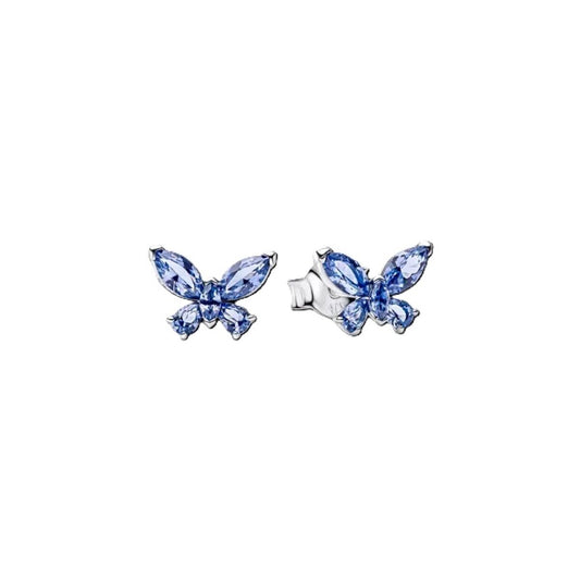 Sterling zilveren Pandora oorbellen met elegante blauwe vlinderontwerpen.