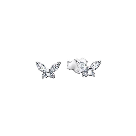 Zilverkleurige Pandora oorbellen met een elegant vlinderontwerp en sprankelende details.