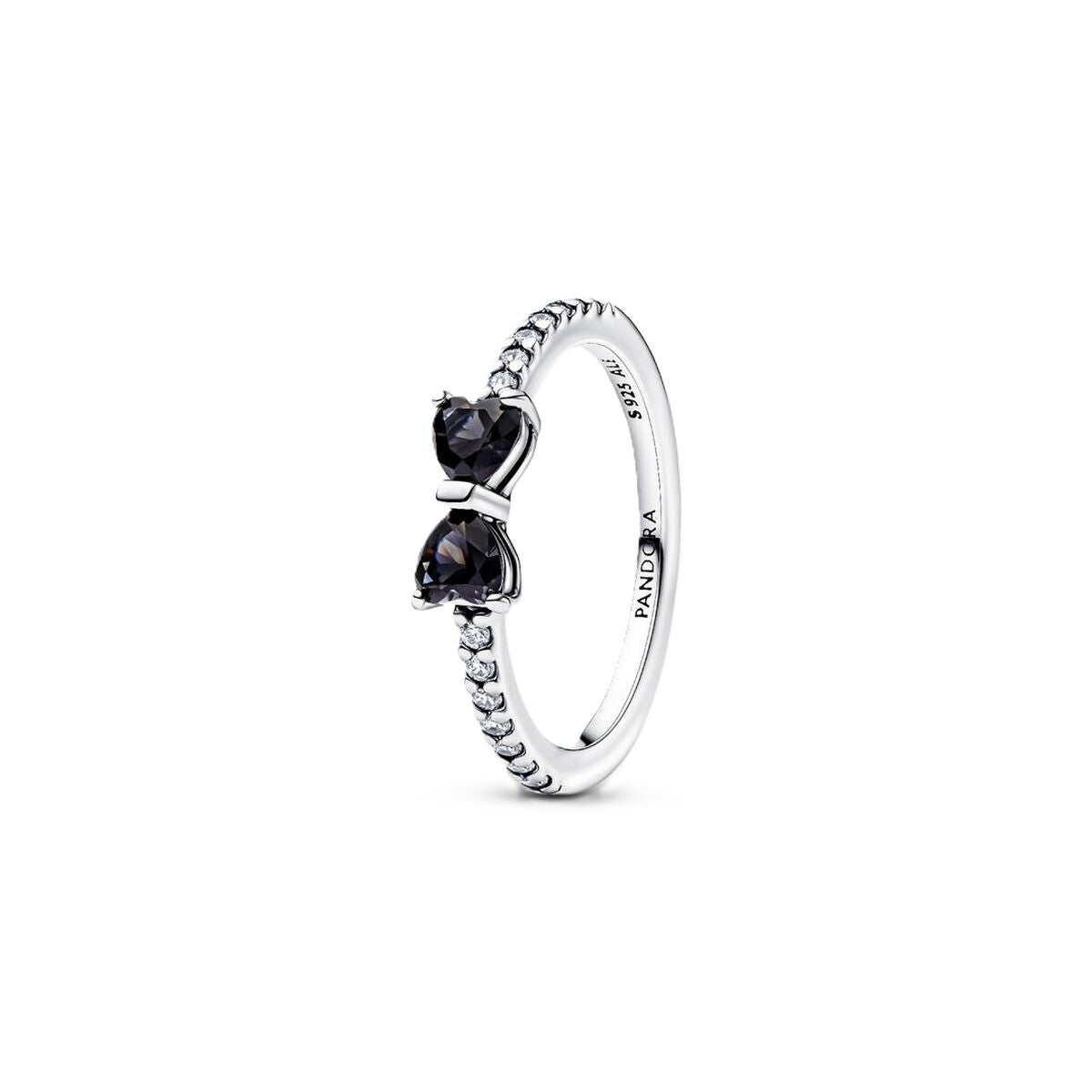 Zilverkleurige Pandora ring met elegante strik en zwarte stenen, maat 12.
