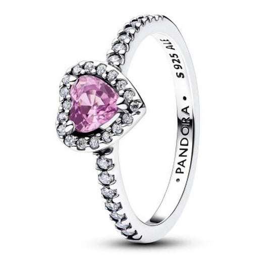 Pandora ring voor dames in hoogwaardig zilver met een roze hartvormige steen.