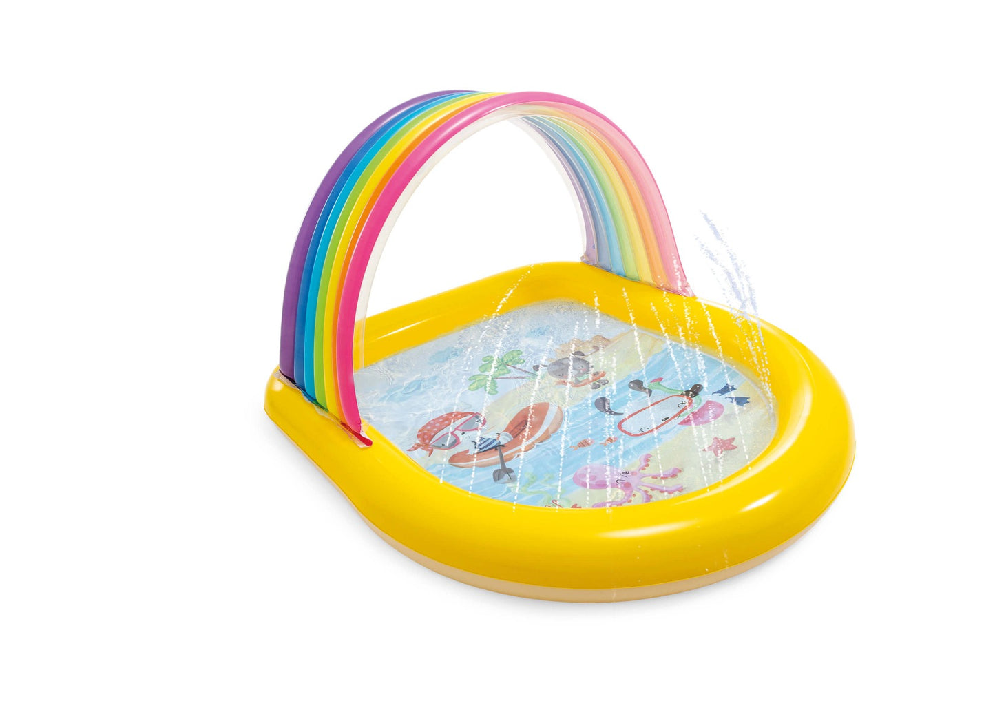 Regenboog zwembad met watersproeiers