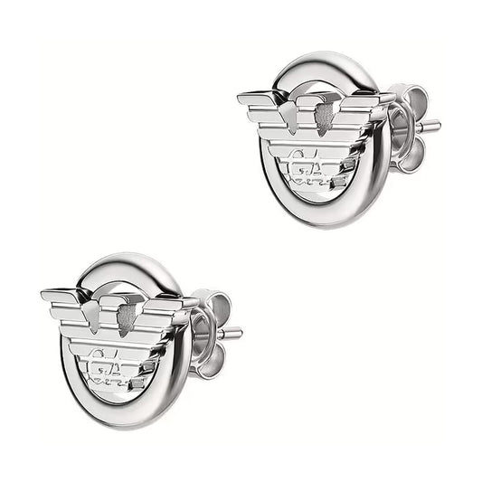 Zilverkleurige Emporio Armani oorbellen met elegant logo, perfect voor elke gelegenheid.