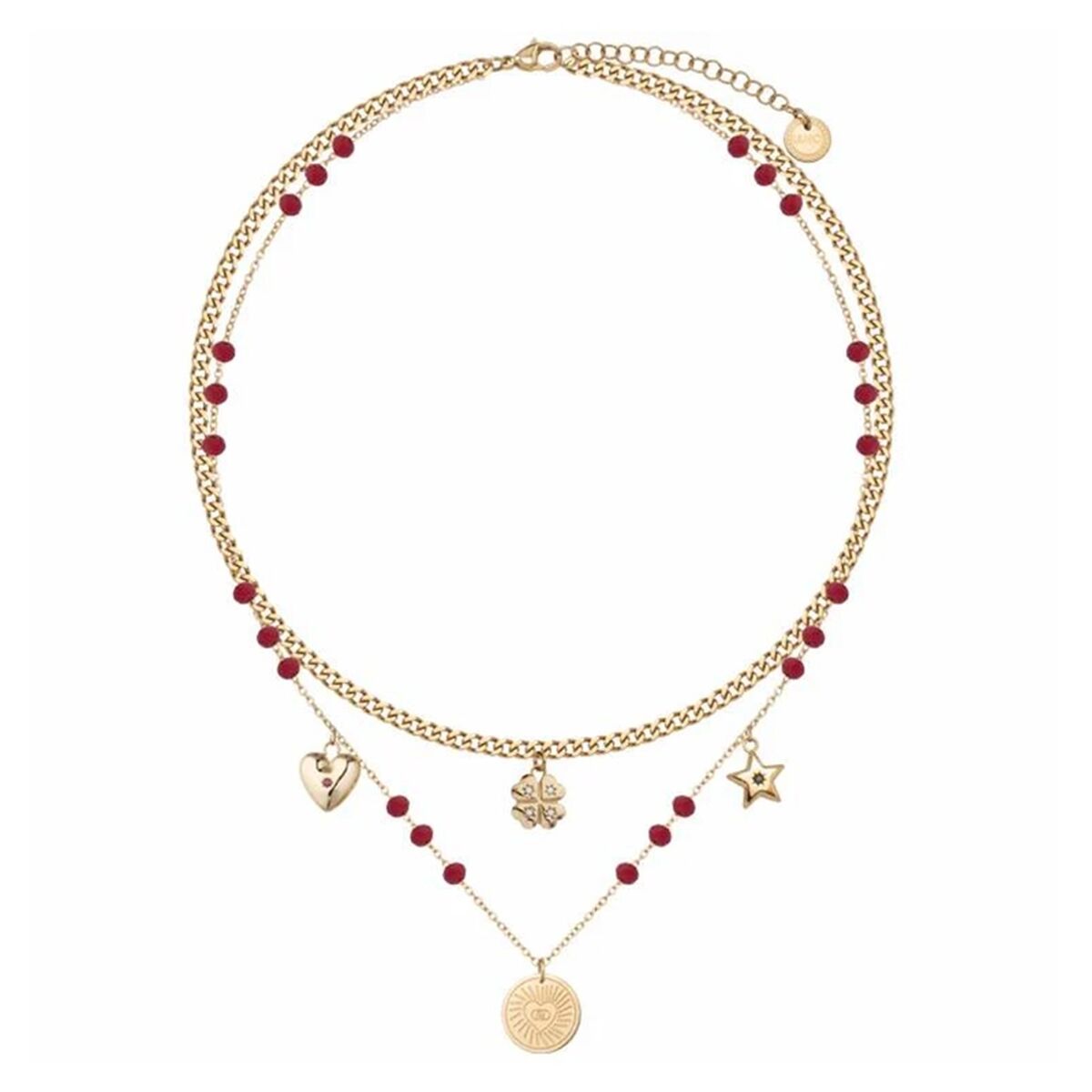 Gouden LIU JO ketting met rode kralen en luxe hangers in een elegant ontwerp.