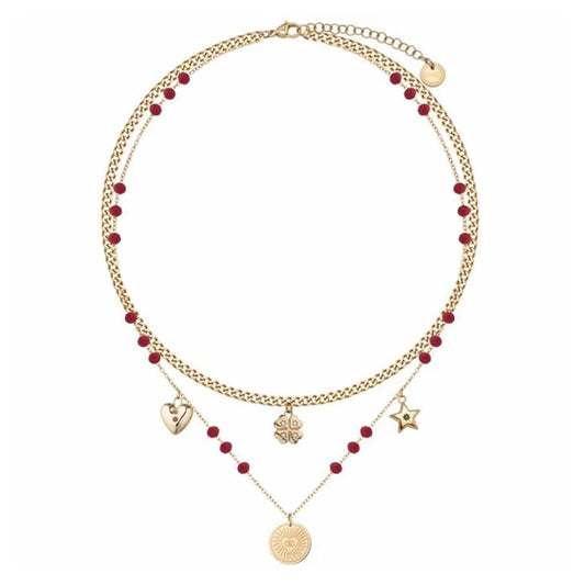 Gouden LIU JO ketting met rode kralen en luxe hangers in een elegant ontwerp.