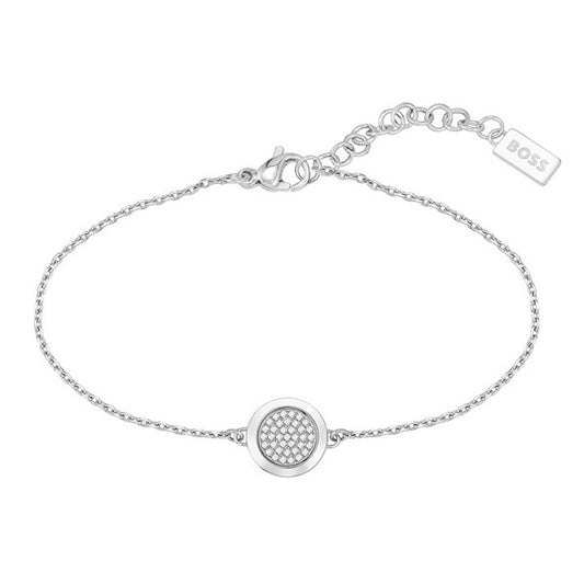 Zilverkleurige Hugo Boss armband voor dames met elegante ronde schakel en mineraal kristal.