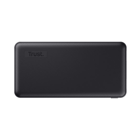 Zwarte Trust Power Bank Primo 20000 mAh met een strak, compact ontwerp.