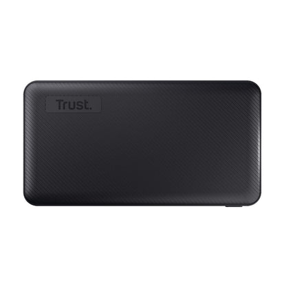 Trust Power Bank Dubbele USB Primo in zwart, plat en met een gestreepte textuur.