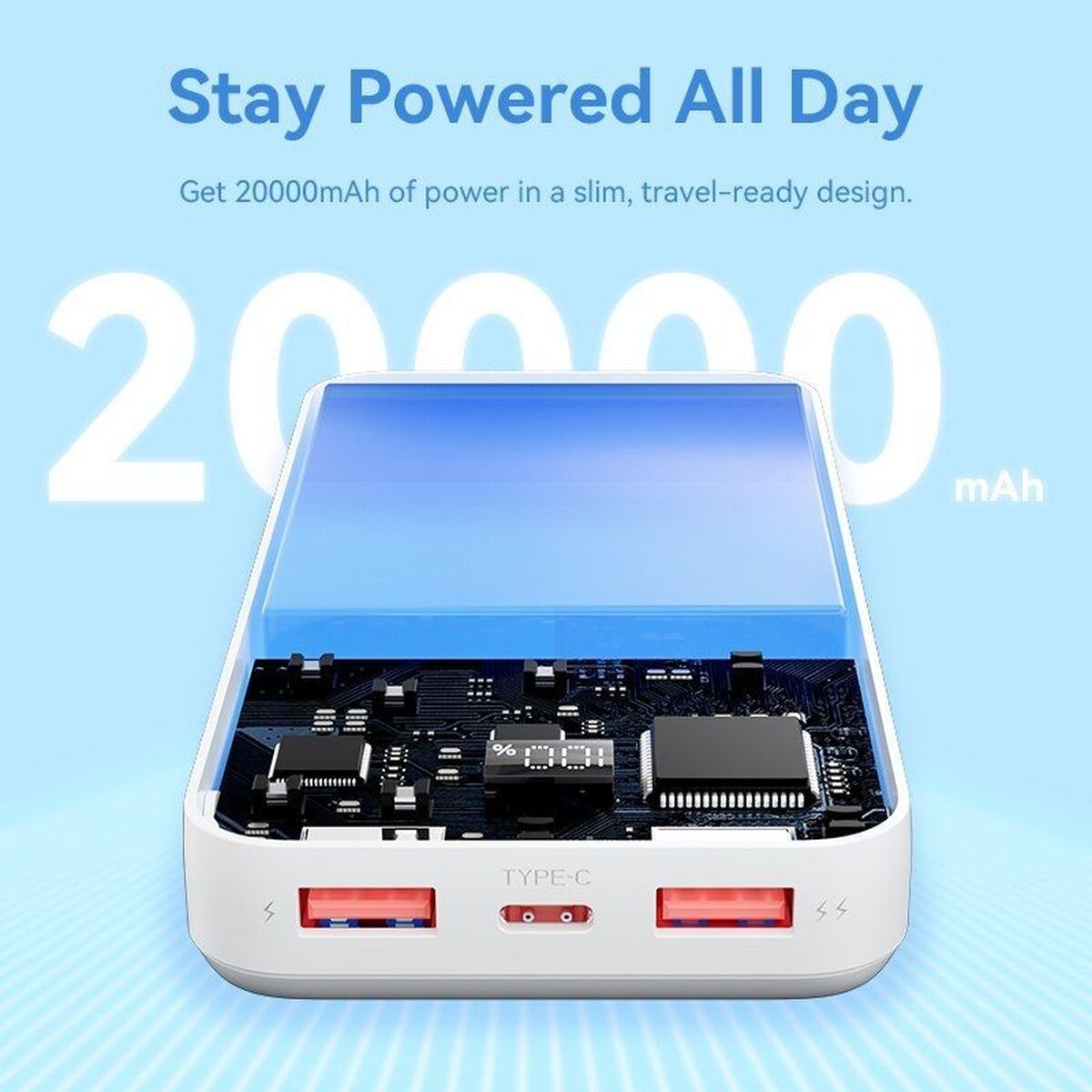 Detail van de Vention 20000 mAh powerbank met zicht op USB-poorten en interne componenten.