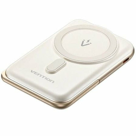 Vention Powerbank 20W met compact ontwerp en ronde oplaadknop in wit en goud.