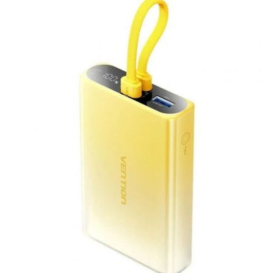 Vention Powerbank 10000 mAh in compact geel met oplaadkabel en USB-aansluiting.