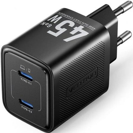 Vention oplader met dubbele USB Type-C poorten en GaN-technologie in zwart.