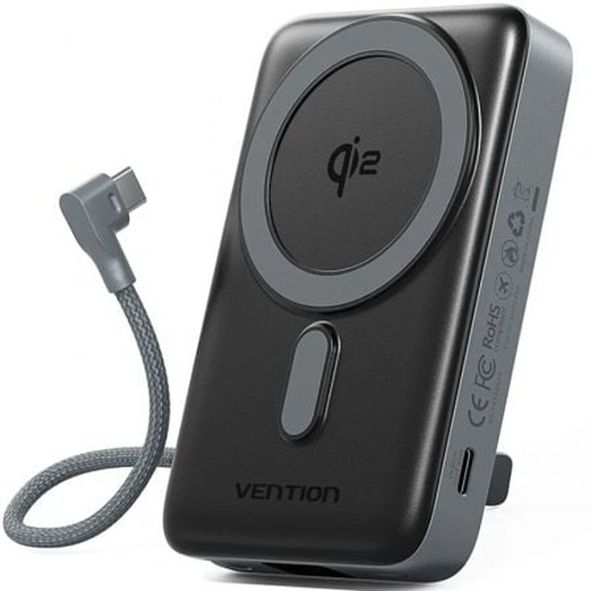 Vention powerbank 10000 mAh in zwart met USB-C aansluiting en Qi-oplaadfunctie.