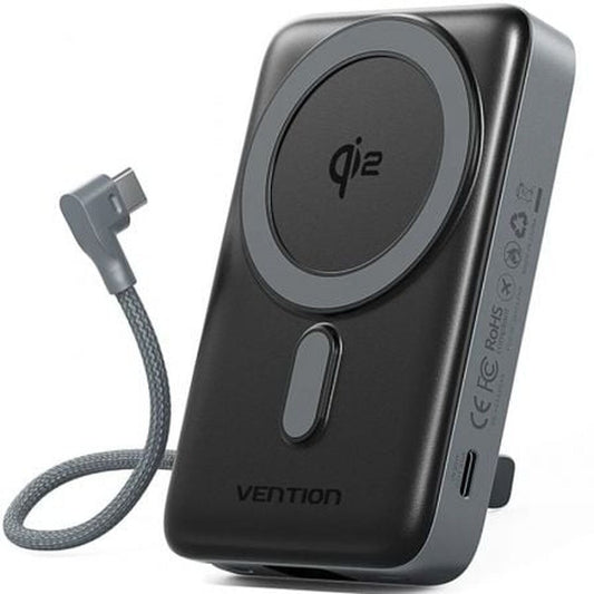 Vention powerbank 10000 mAh in zwart met USB-C aansluiting en Qi-oplaadfunctie.