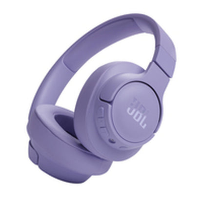 Zijaanzicht van de paarse JBL JBLT720BTPUR oordopjes met bedieningselementen.