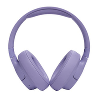 Paarse JBL JBLT720BTPUR oordopjes, zijaanzicht met opvouwbaar ontwerp.