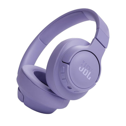 Zijaanzicht van de paarse JBL JBLT720BTPUR oordopjes met comfortabele oorkussens.