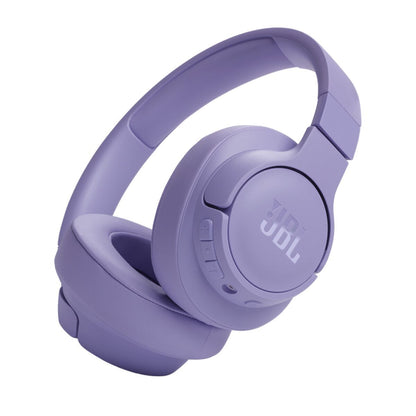 Paarse JBL JBLT720BTPUR oordopjes in zijaanzicht met comfortabele oorkussens.
