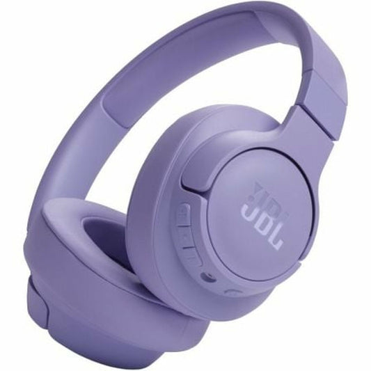 Paarse JBL JBLT720BTPUR oordopjes met comfortabele oorkussens en bedieningsknoppen.