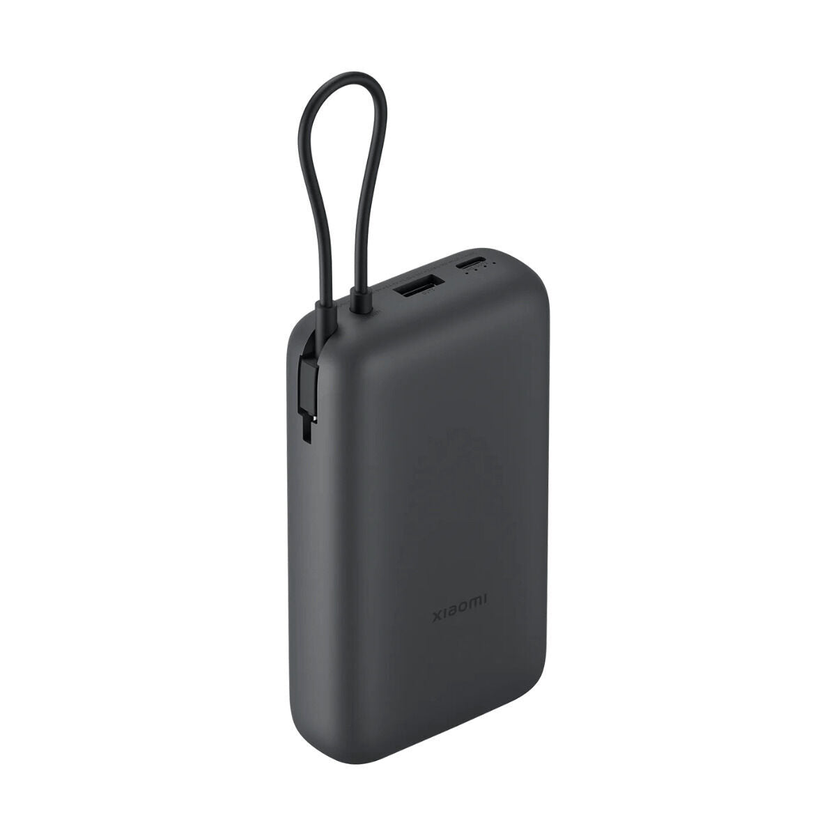 Zijaanzicht van de zwarte Xiaomi Powerbank 20000 mAh met oplaadkabel.