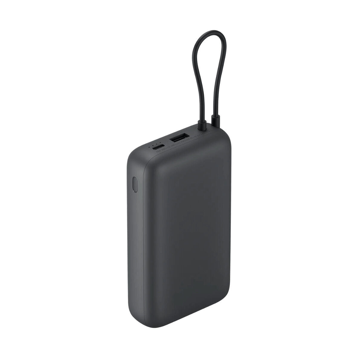 Zijaanzicht van de Xiaomi Powerbank 20000 mAh in zwart met oplaadpoort.