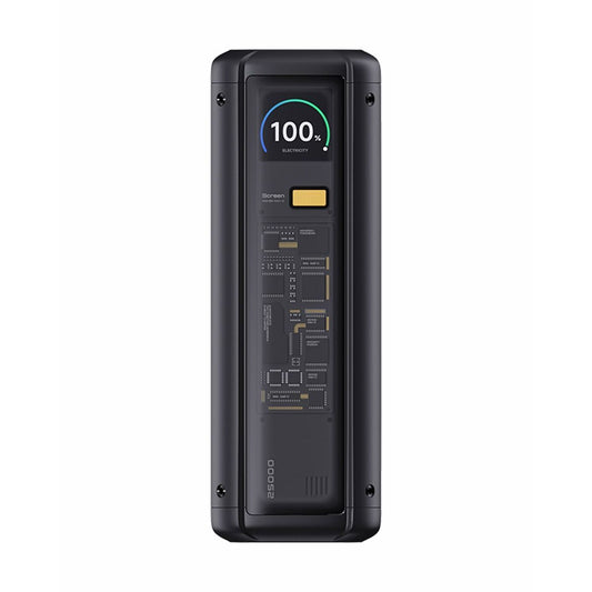 Zwarte Xiaomi Powerbank 25000 mAh met digitale batterij-indicator en oplaadknop.