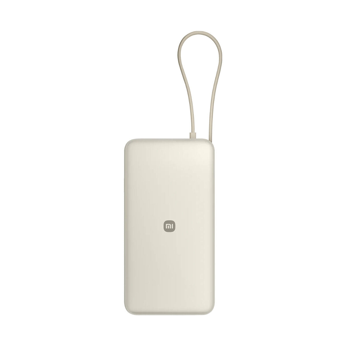 Beige Xiaomi Powerbank 20000 mAh, zijaanzicht met handige lus voor draagbaarheid.